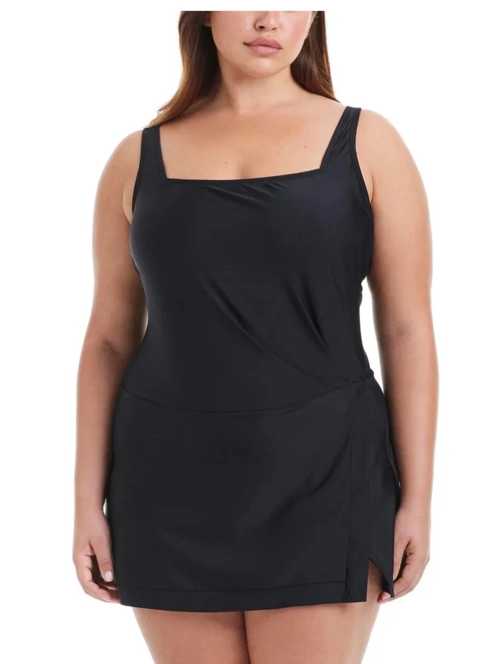 Beyond Control Black Square-Neck One-Piece Swimdress